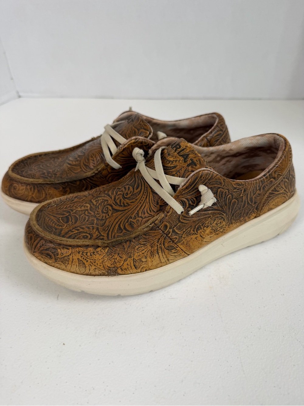 Ariat Women's Hilo Floral Embossed Leather Slip Ons Brown 8